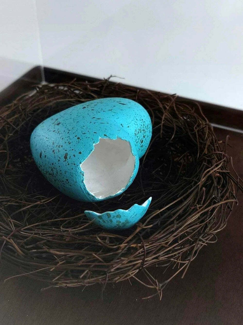 This Bird Has Flown  Hand Painted Ceramic Shell Heart With Natural Material Nest And Oak Base photo furniture