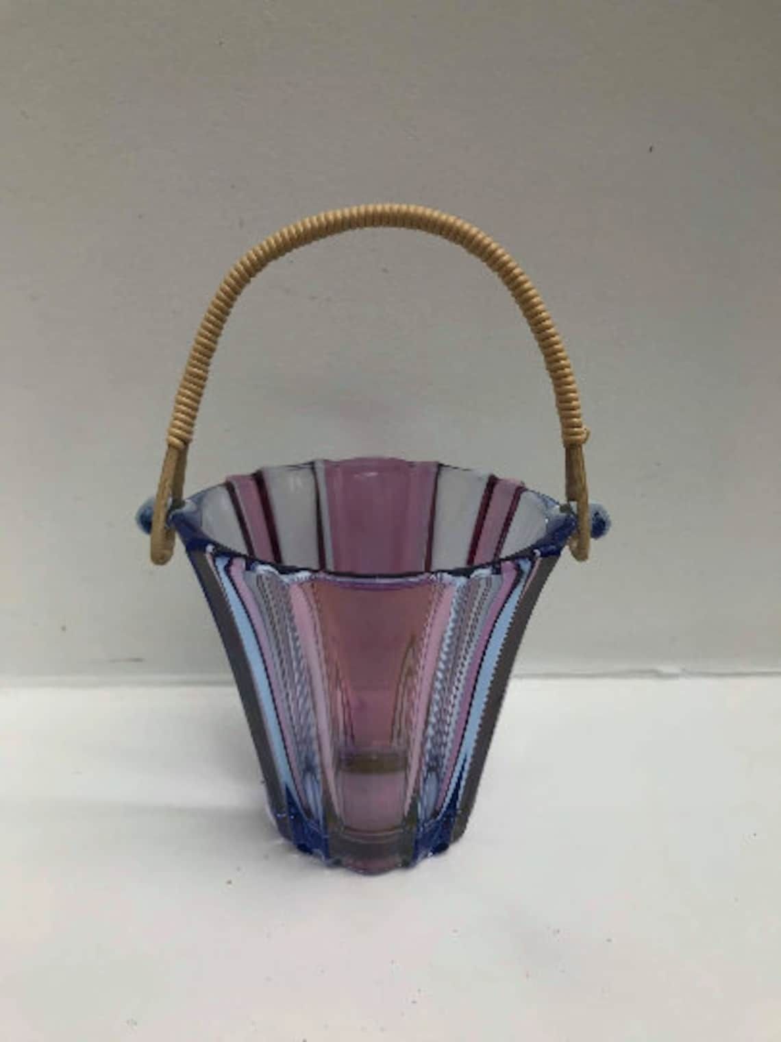 Vintage Glass Ice Bucket Purple Blue Pink Glass With Scoubidou Handle Mid Century Barware Bar Cart Decor Styling Photography Prop Gift photo vinterior
