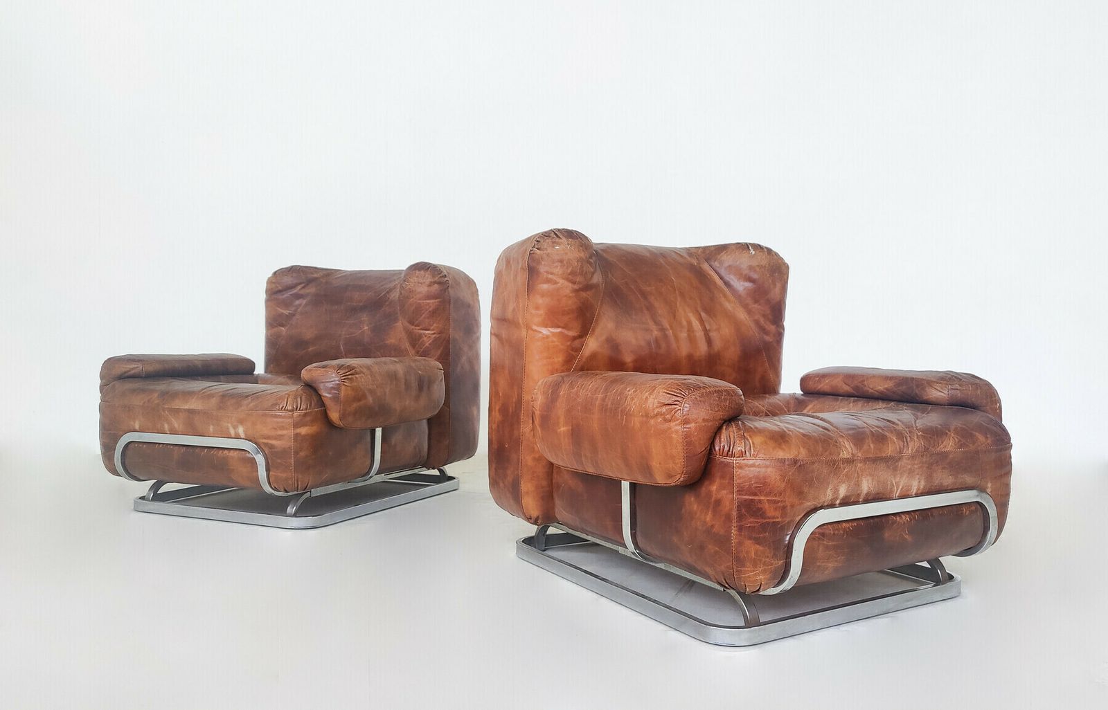 Pair Of Mid Century Modern Leather & Chrome Armchairs
