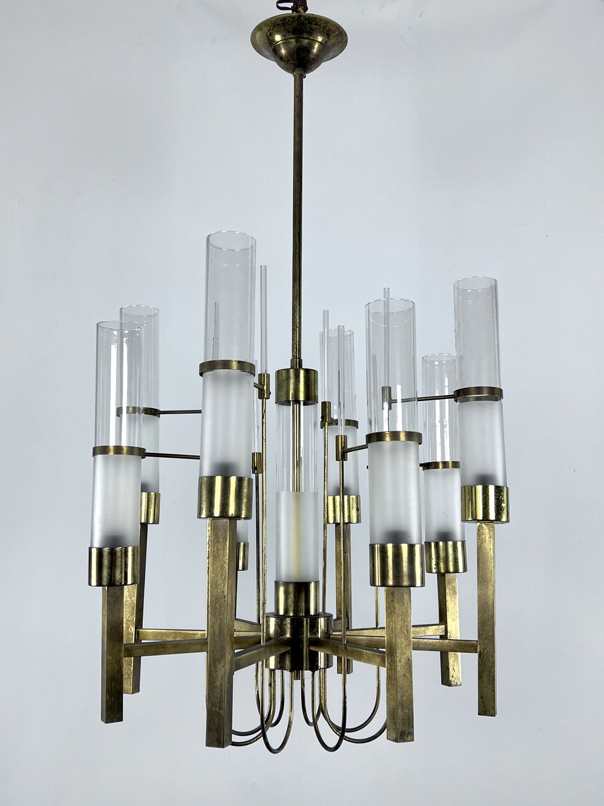 Sciolari, Eight Arms Brass And Glass Tube Chandelier. Italy 1960s photo for sale
