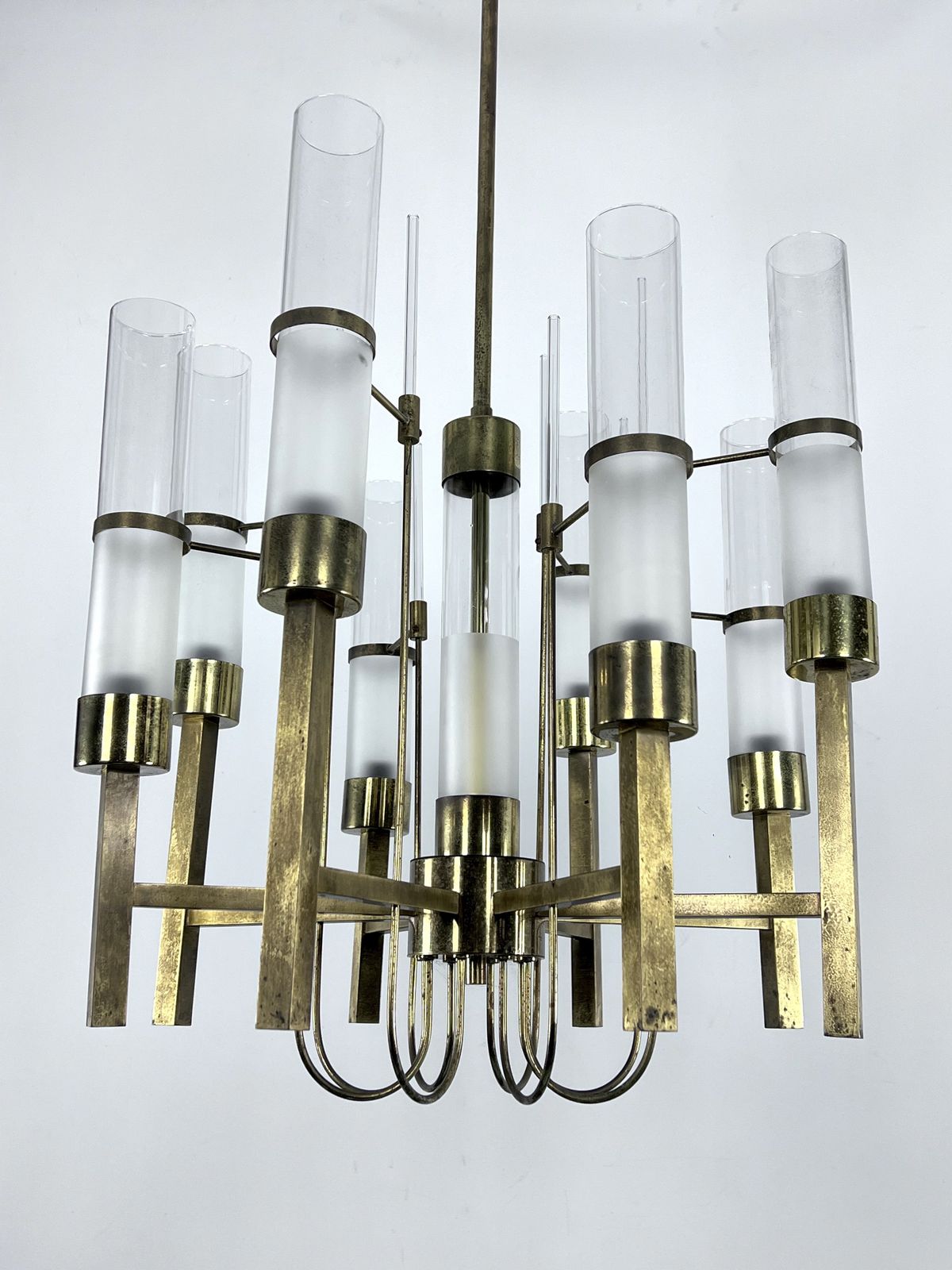 photo for sale Sciolari, Eight Arms Brass And Glass Tube Chandelier. Italy 1960s