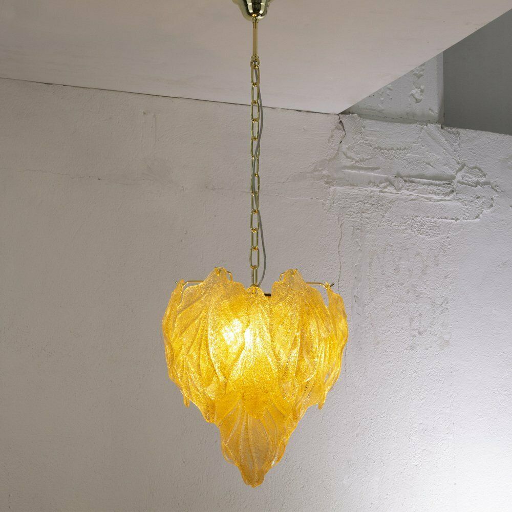 Suspension Chandelier With Murano Glass Leaves Italy 1990s photo Lighting