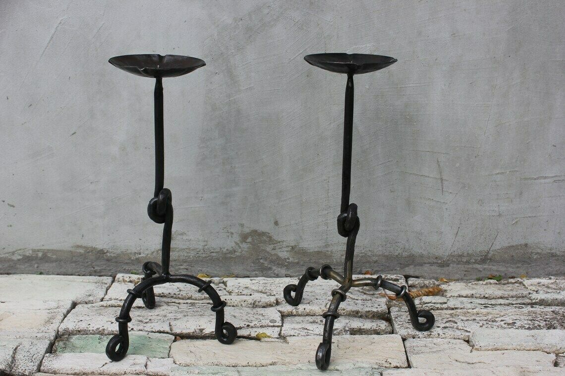 Two Side Large Candlesticks Floor Wrought Iron Candle Holders Fireplace Tall Candle Light 20th Century Antique photo for sale