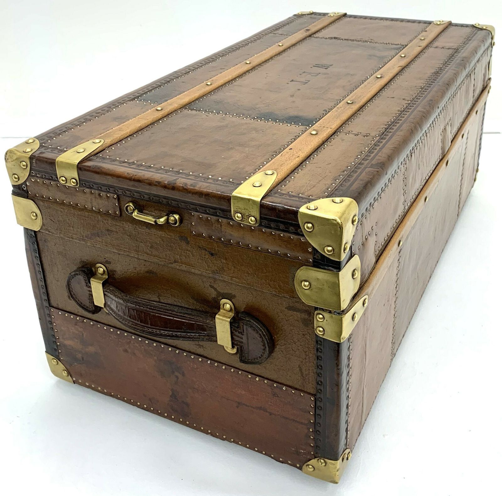 Steamer Travel Trunk   Leather With Beechwood Banding photo vinterior