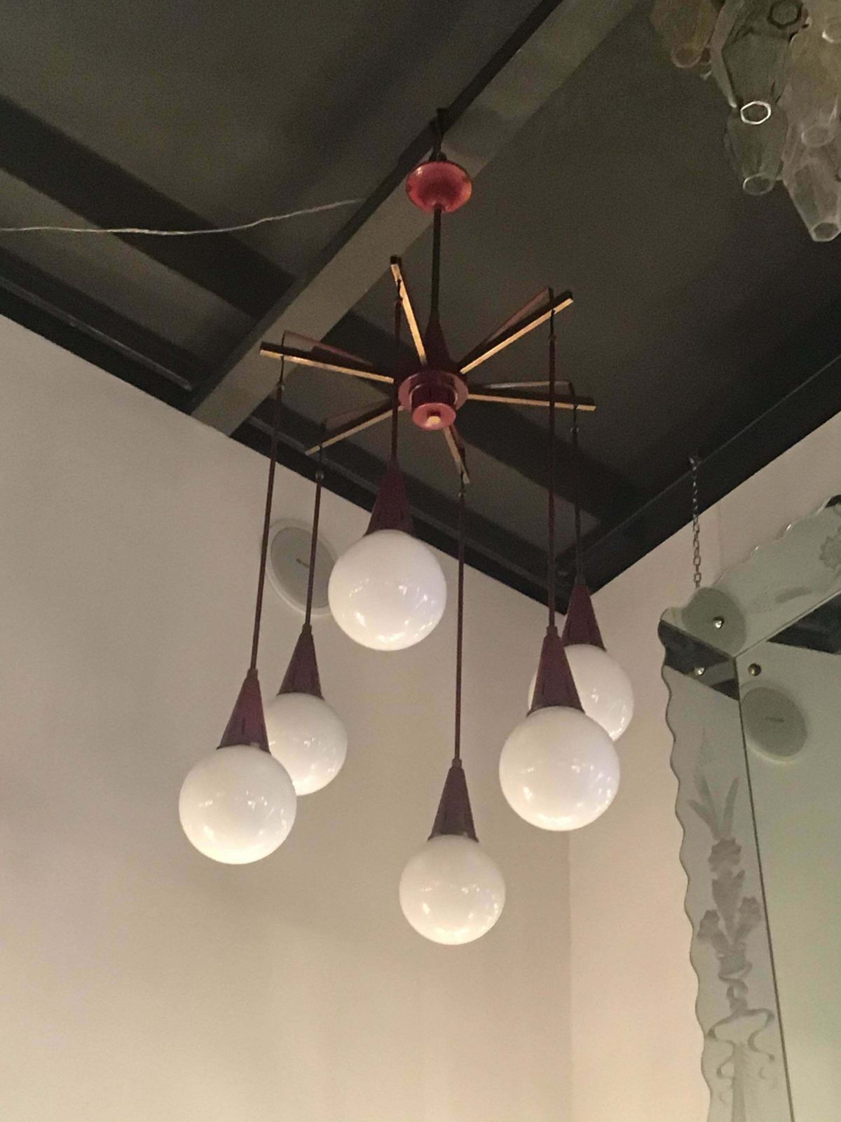 Stilnovo Chandelier Brass Metal Glass 1950 Italy photo vinterior