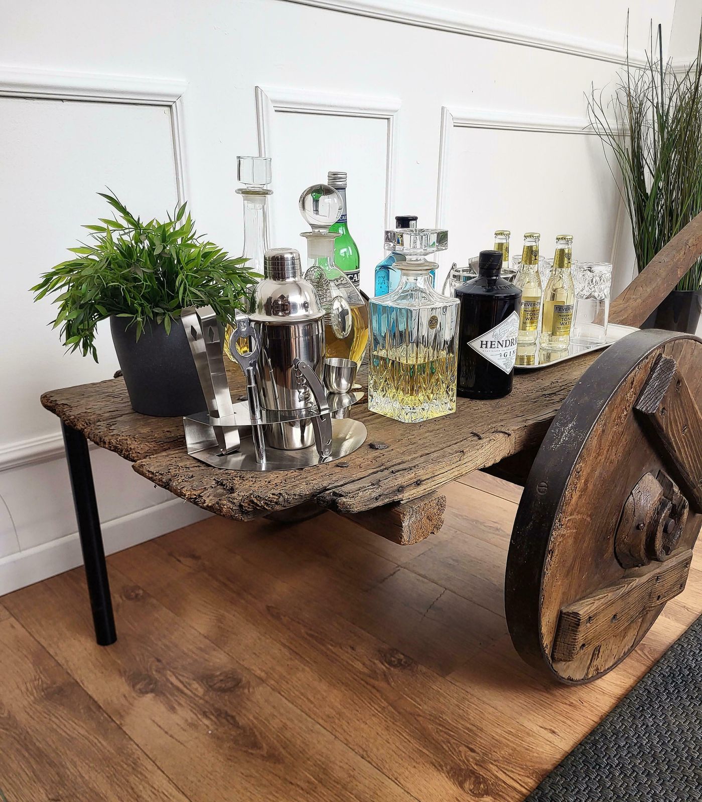 Primitive Rustic Minimal Italian Wrought Iron Wheels Wooden Cart Side Bar Table photo 2182.0