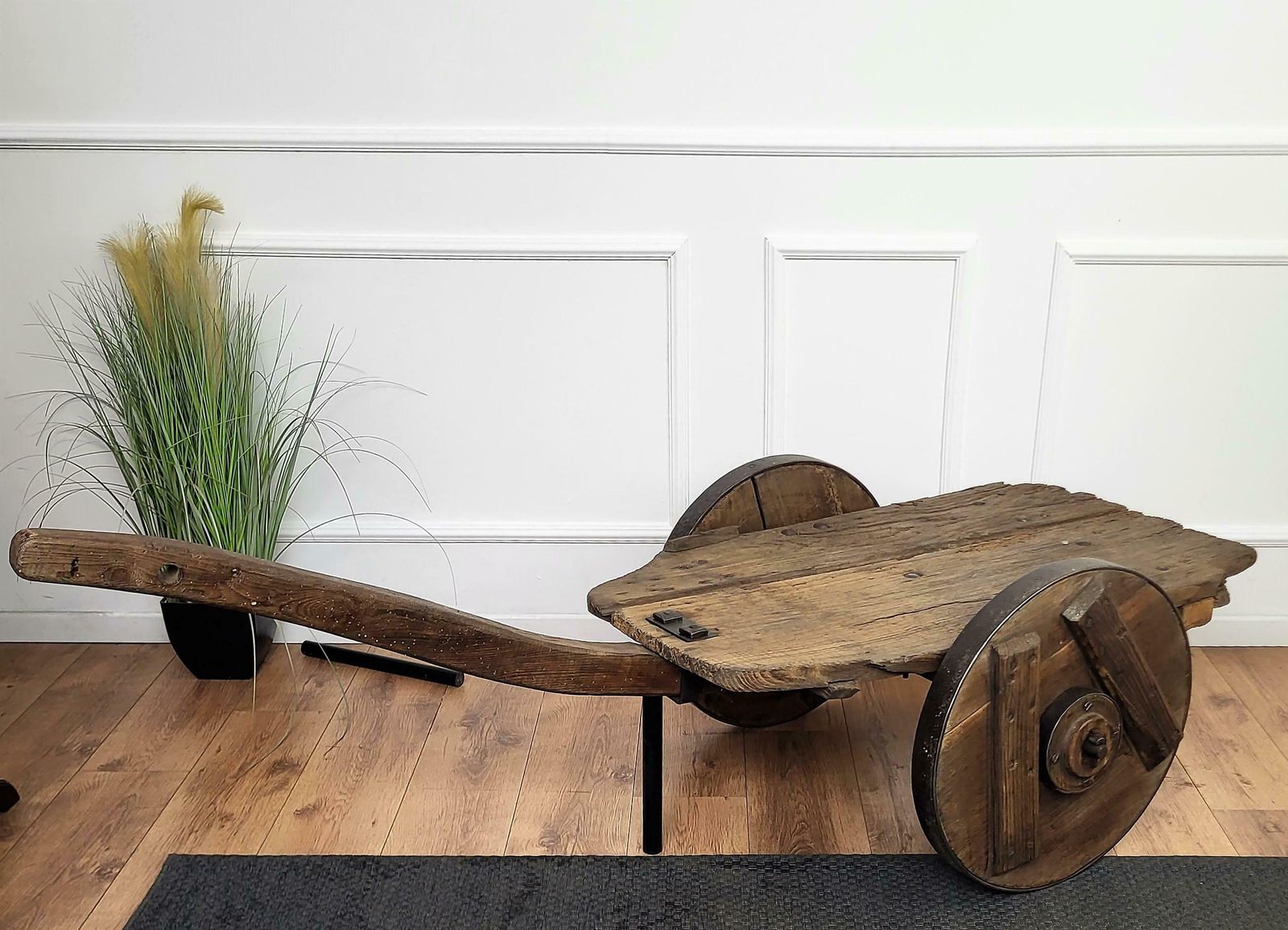Primitive Rustic Minimal Italian Wrought Iron Wheels Wooden Cart Side Bar Table photo vinterior