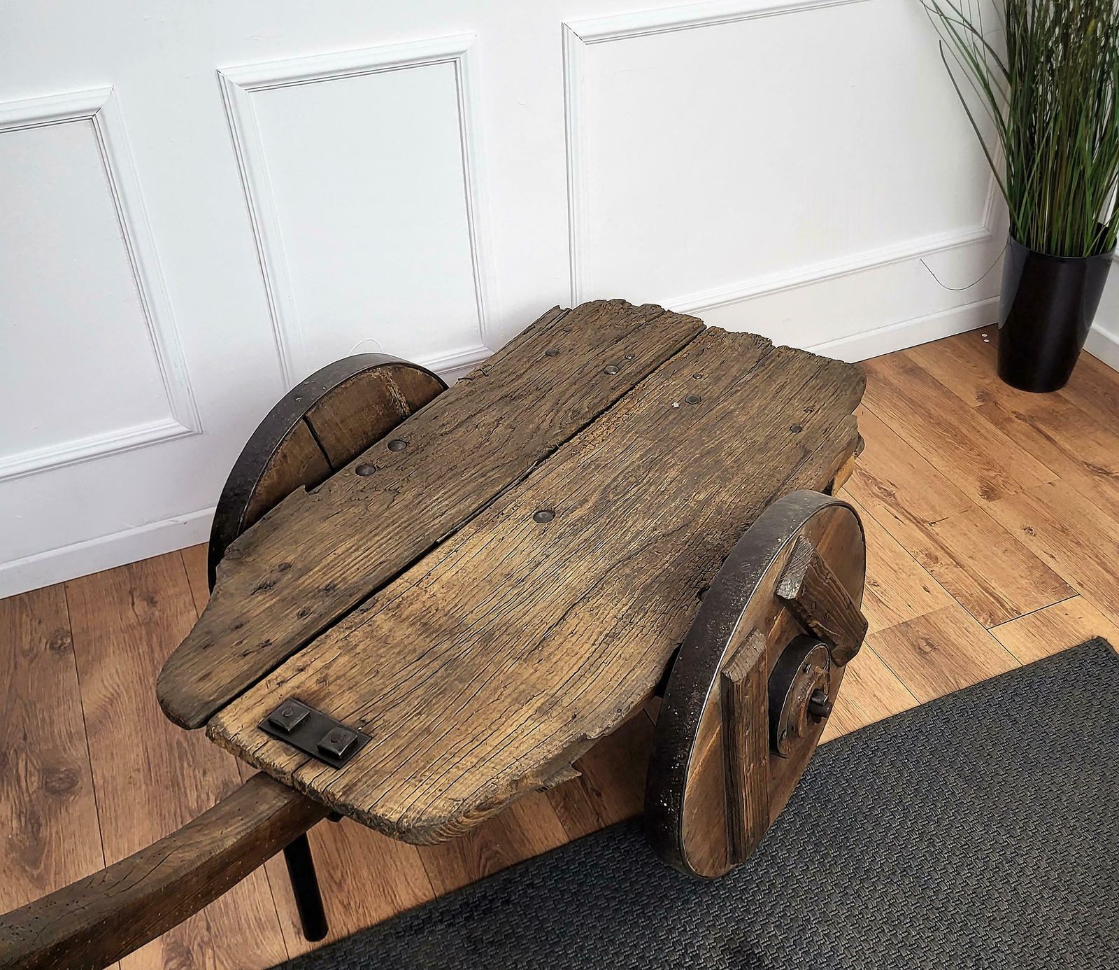 photo for sale Primitive Rustic Minimal Italian Wrought Iron Wheels Wooden Cart Side Bar Table