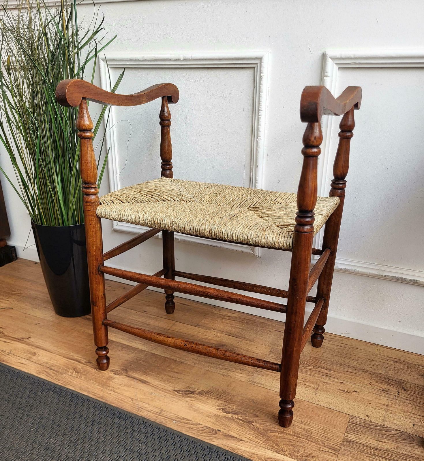 1960s Italian Midcentury Carved Wood And Cord Woven Rope Stool photo buy