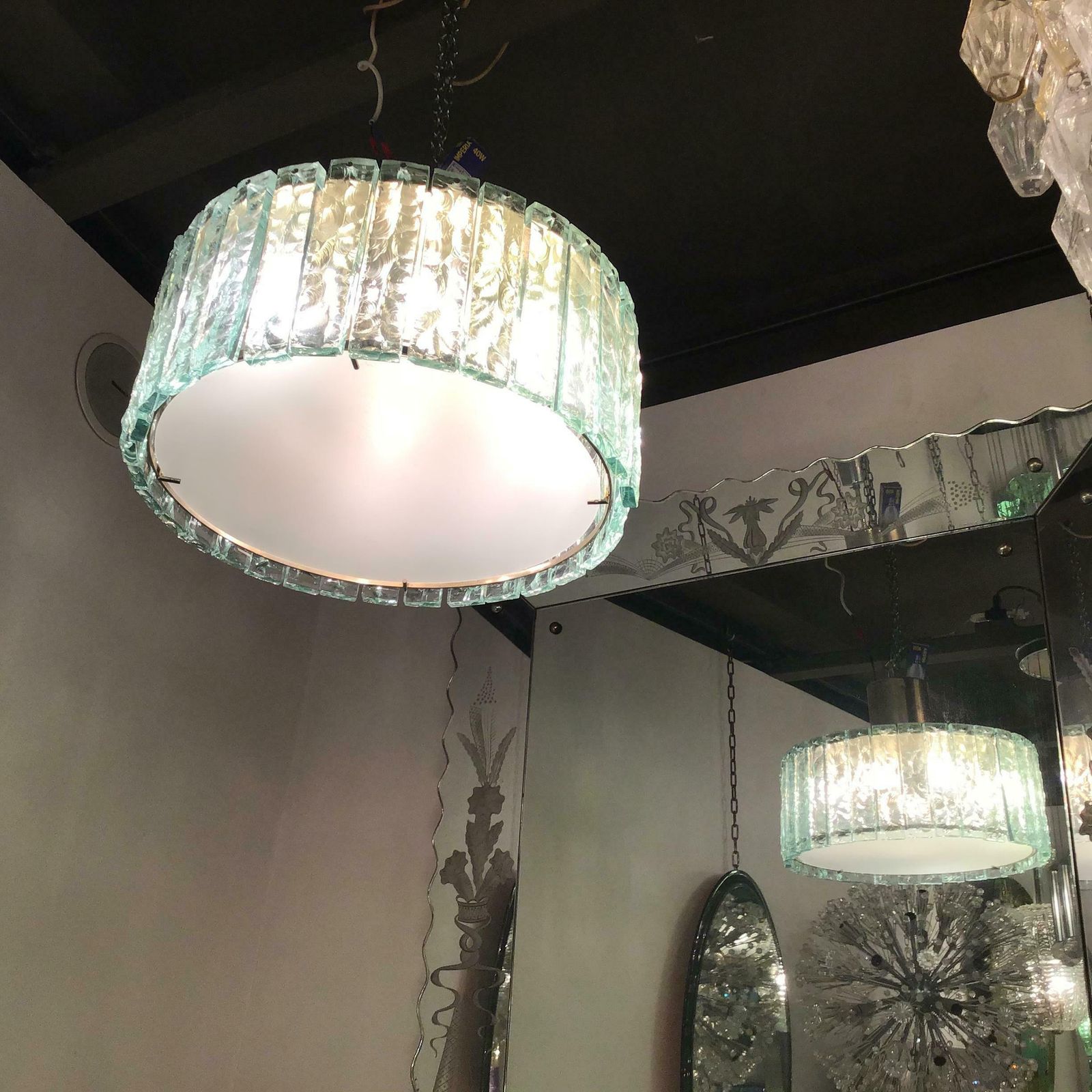 photo vinterior Max Ingrand Fontana Arte Chandelier Glass Metal Crome 1960 Italy