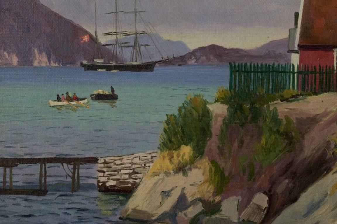Emanuel Aage Petersen (1894 1948) Oil Painting On Canvas Greenlandic Village photo Art