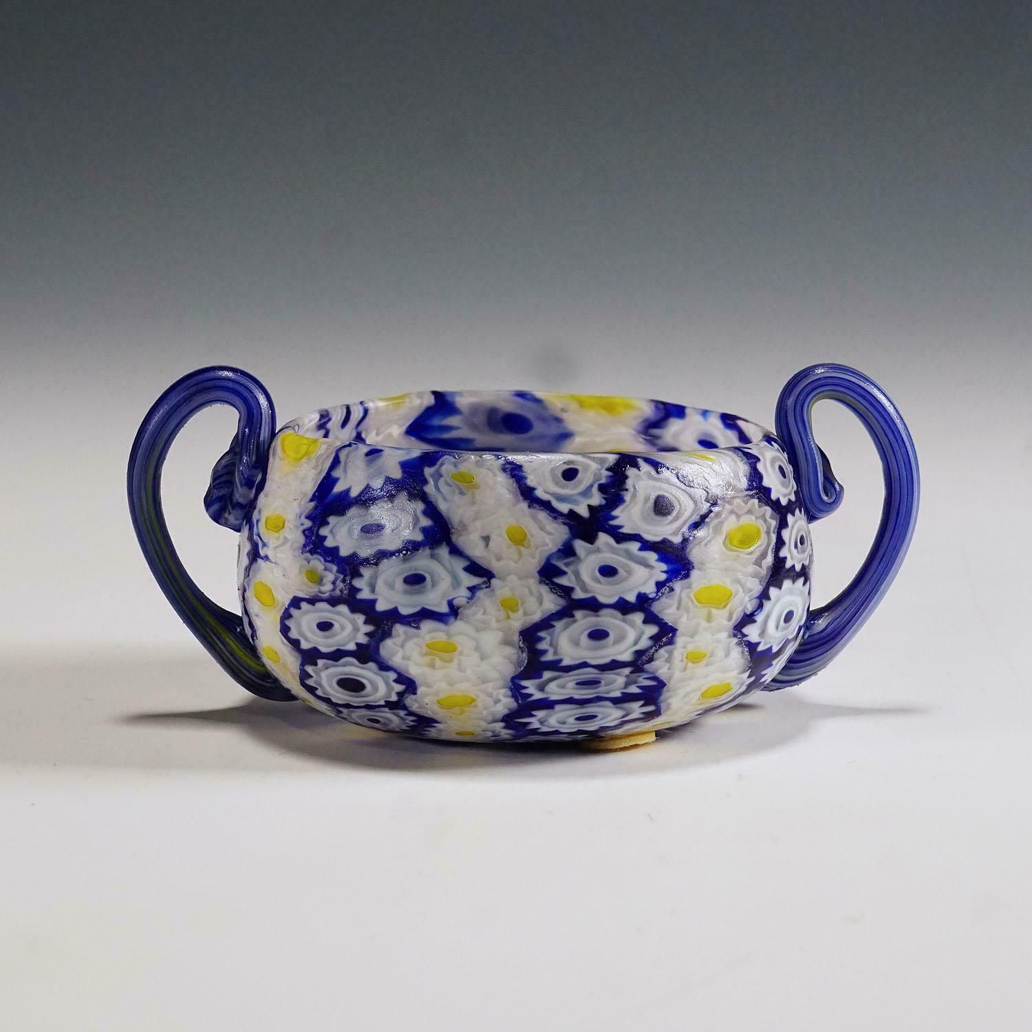 Antique Millefiori Bowl In Blue, Yellow And White, Fratelli Toso Murano 1910