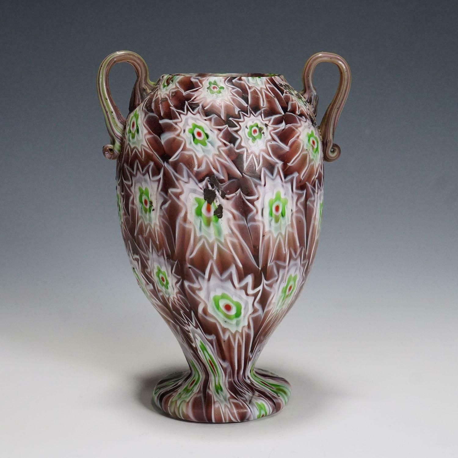 Antique Millefiori Vase In Purple, Green And White, Fratelli Toso Murano 1910 photo for sale