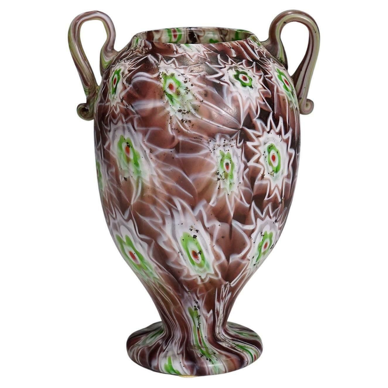 Antique Millefiori Vase In Purple, Green And White, Fratelli Toso Murano 1910 photo vintage