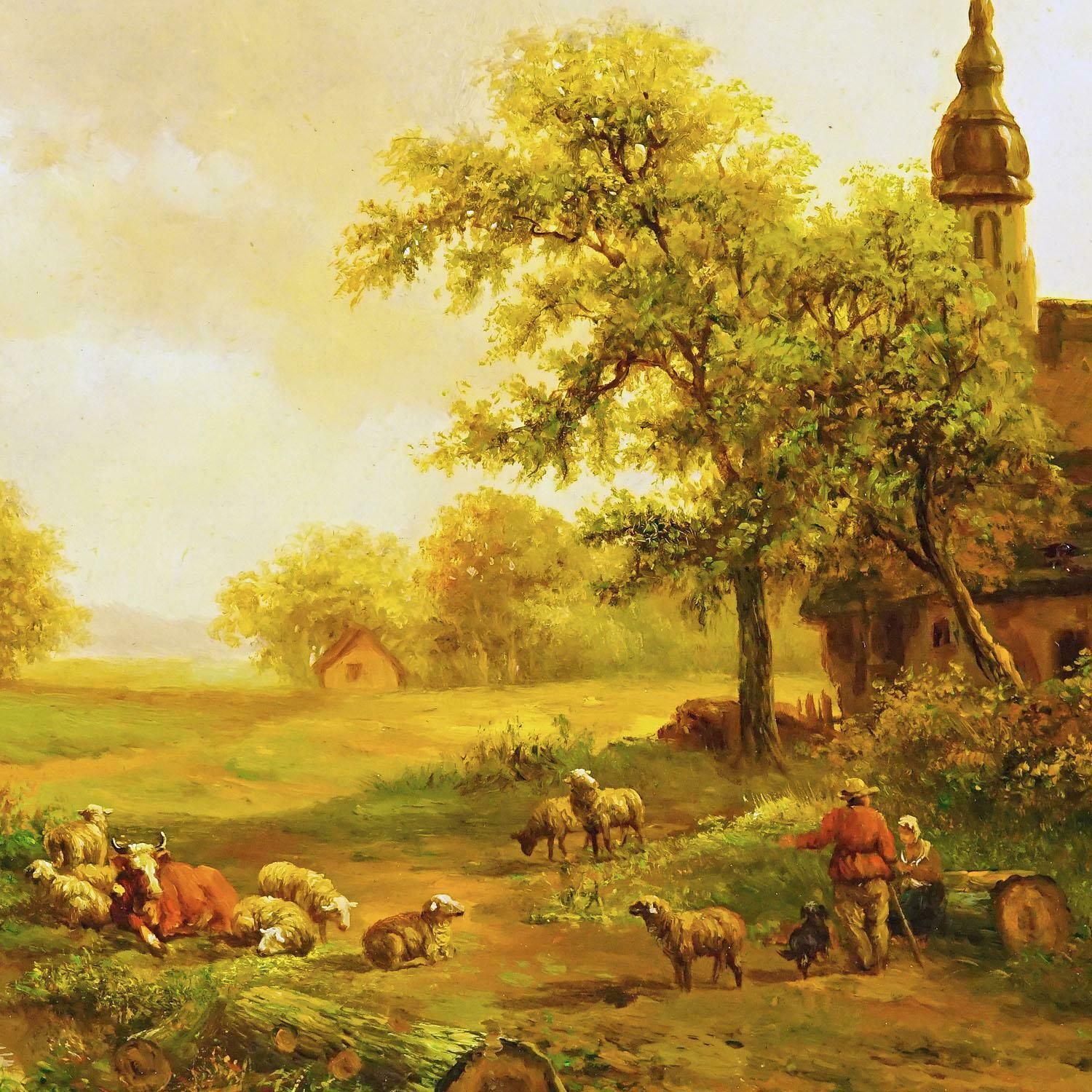 Shepherd With Herd In A Victorian Landscape, Oil On Wood 19th Century photo furniture