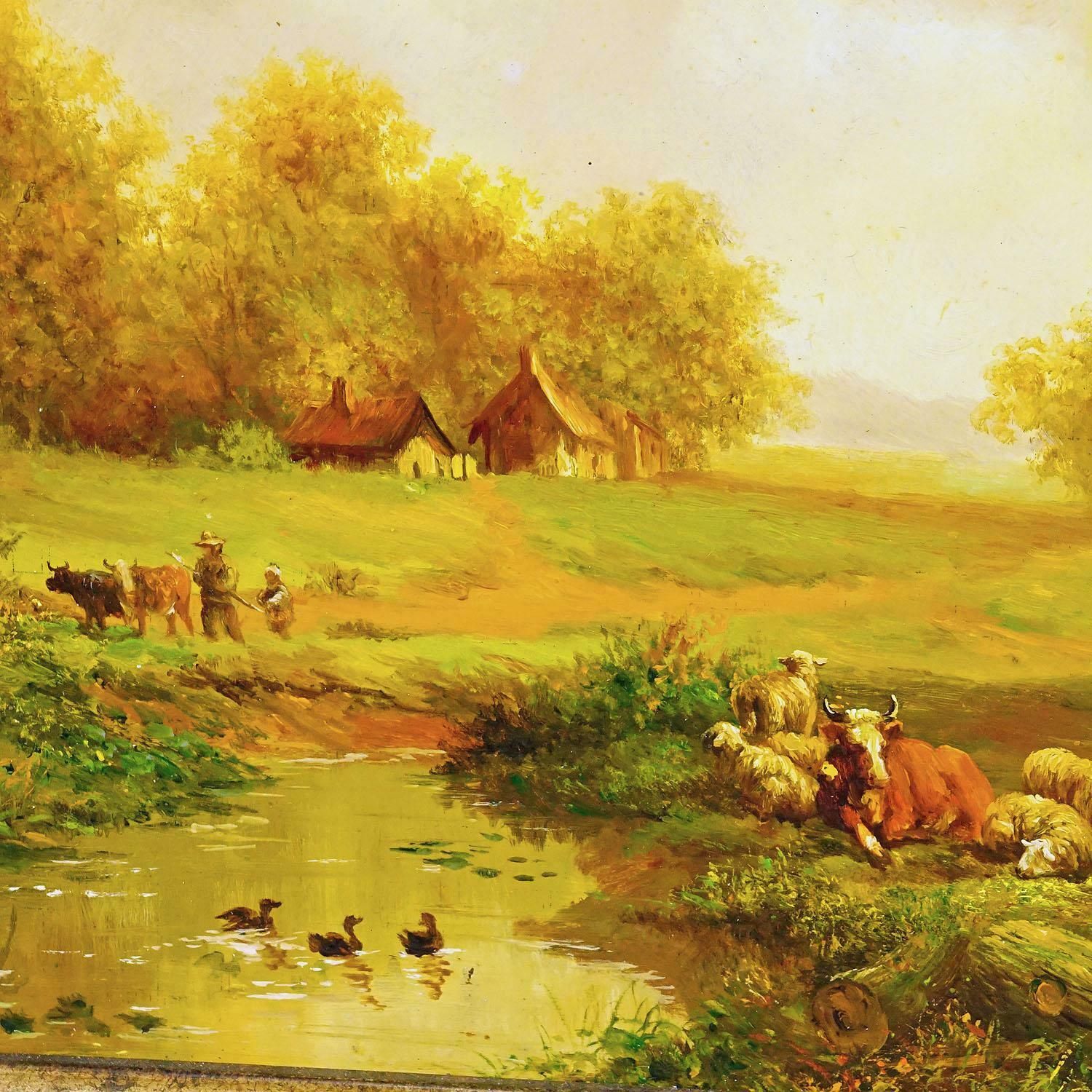 Shepherd With Herd In A Victorian Landscape, Oil On Wood 19th Century photo for sale