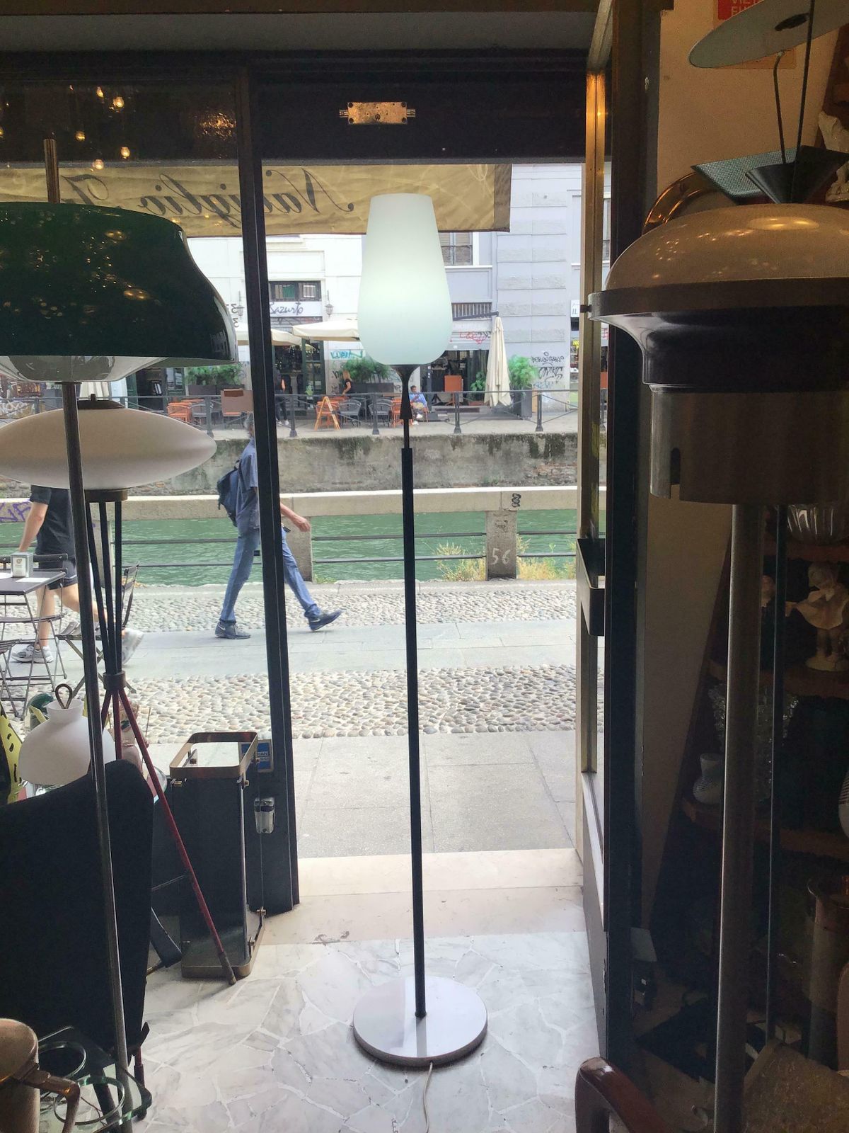 photo furniture Arredoluce Angelo Lelii Floor Lamp Opaline Glass Brass Marble, 1953, Italy
