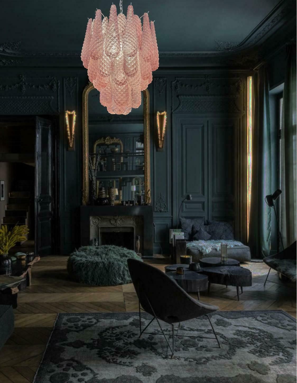 Pair Fabulous Glass Pink Petal Chandeliers, Murano photo vinterior
