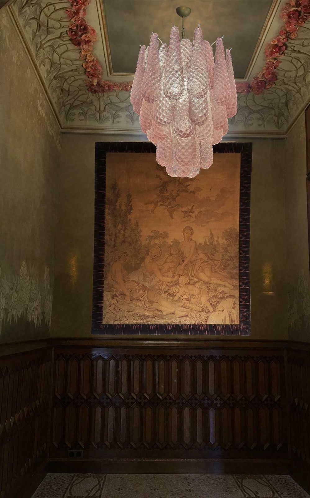 photo for sale Pair Fabulous Glass Pink Petal Chandeliers, Murano