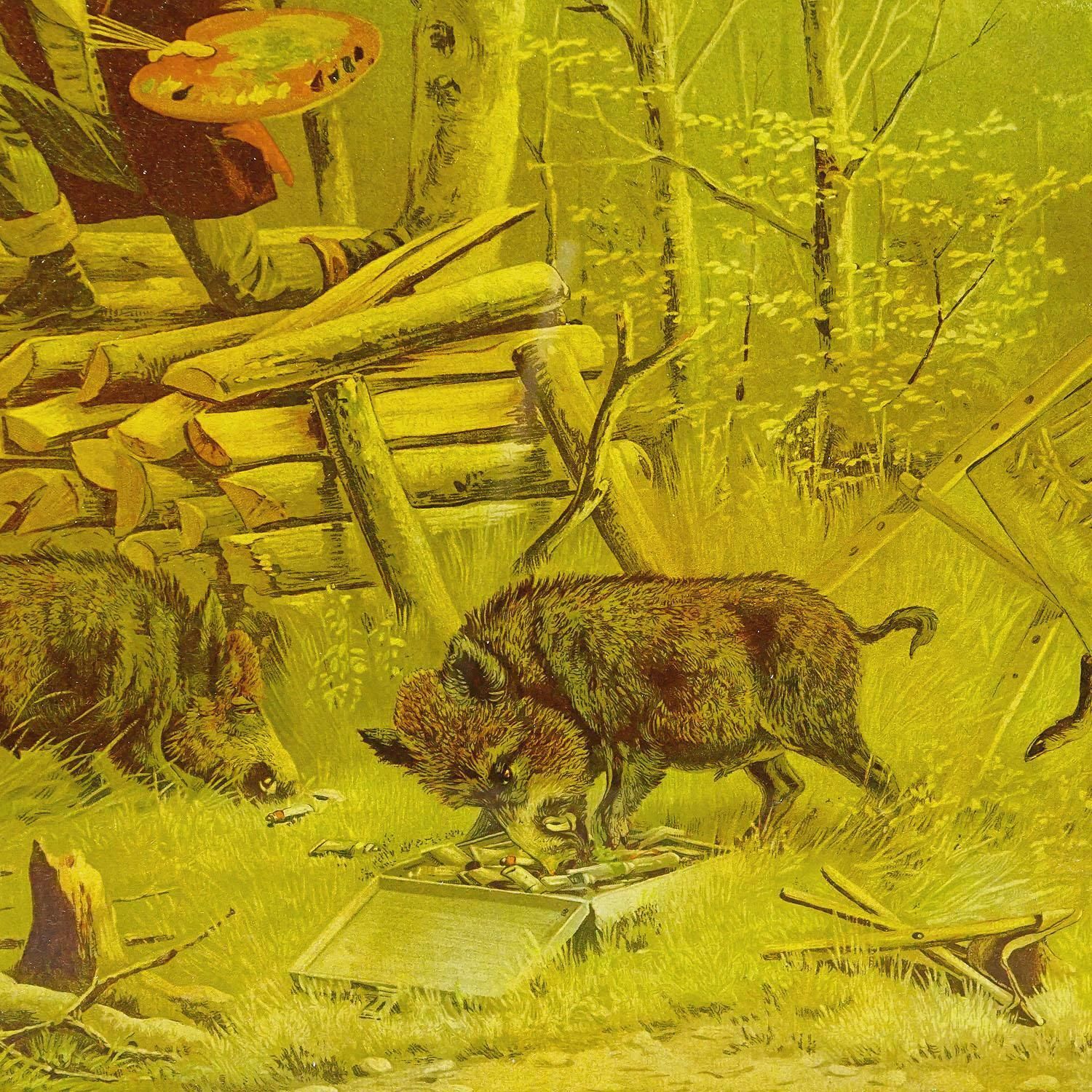 Antique Print With Humoristic Scene Featuring Wild Boars And A Painter photo for sale