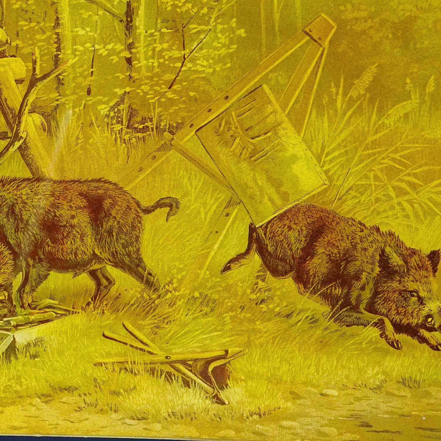 Antique Print With Humoristic Scene Featuring Wild Boars And A Painter photo 279.0