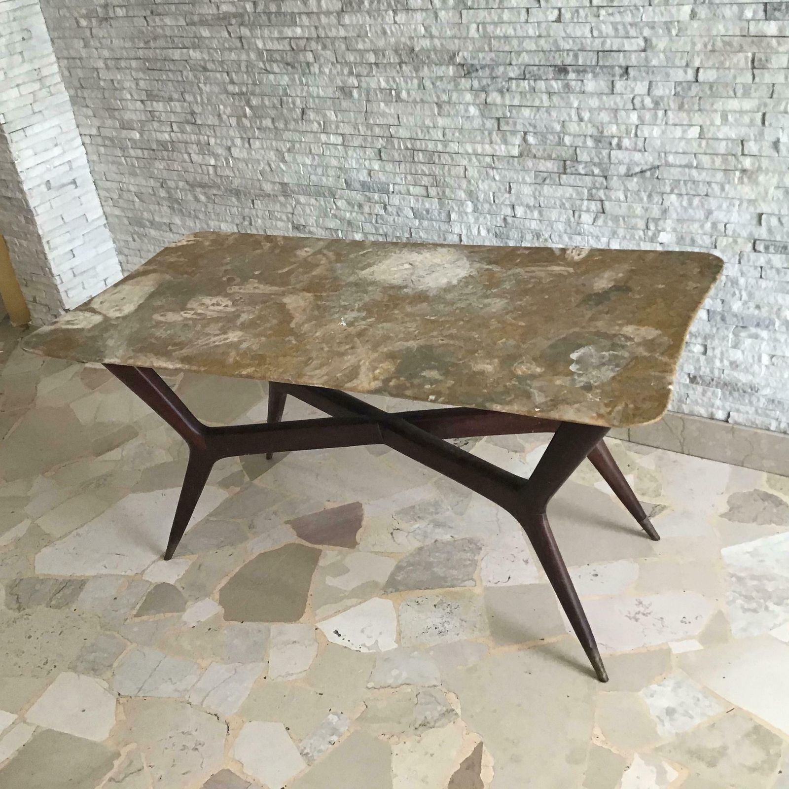 Gio’ Ponti Coffee Table Brass Wood Marbre, 1950, Italy photo vinterior