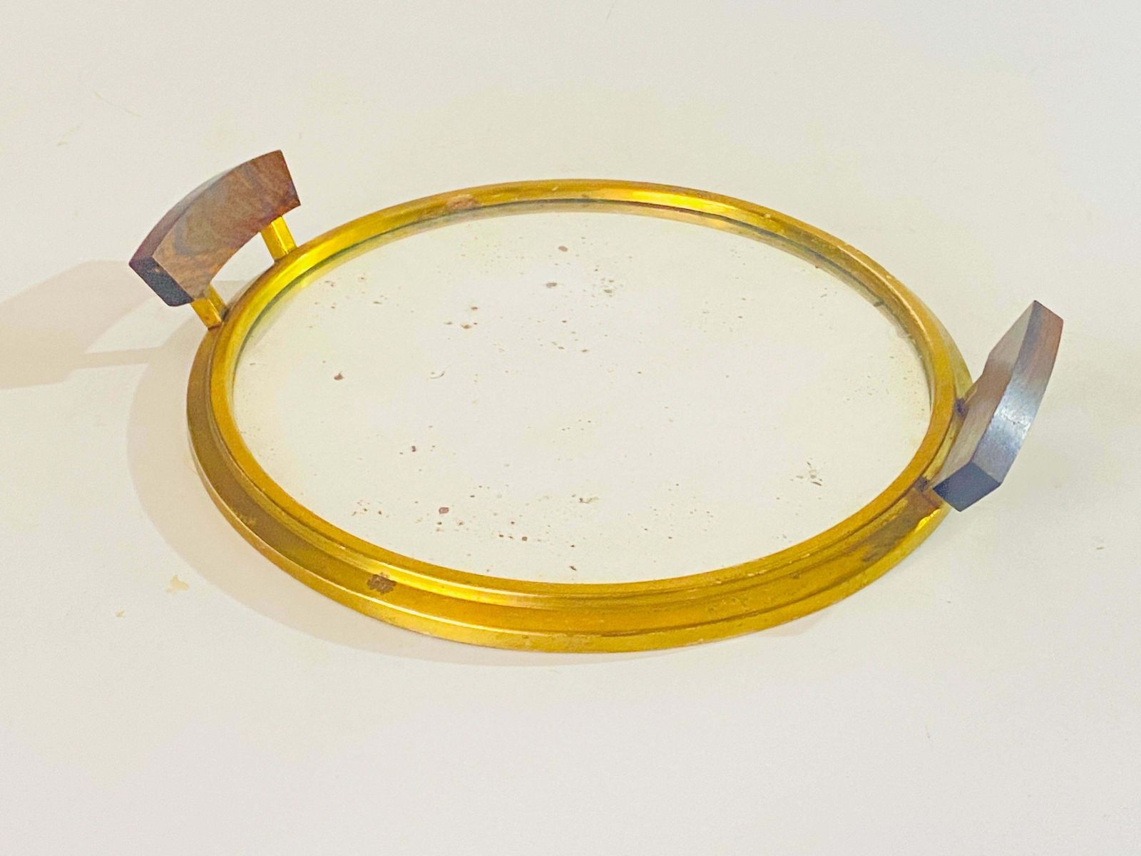 Art Deco Platter Tray Brass And Brown Wood Handles And Mirror, France, 1930