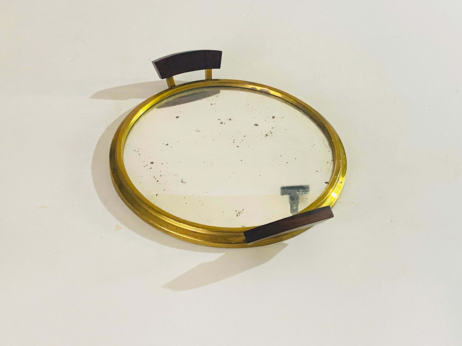 Home Decor Art Deco Platter Tray Brass And Brown Wood Handles And Mirror, France, 1930 photo