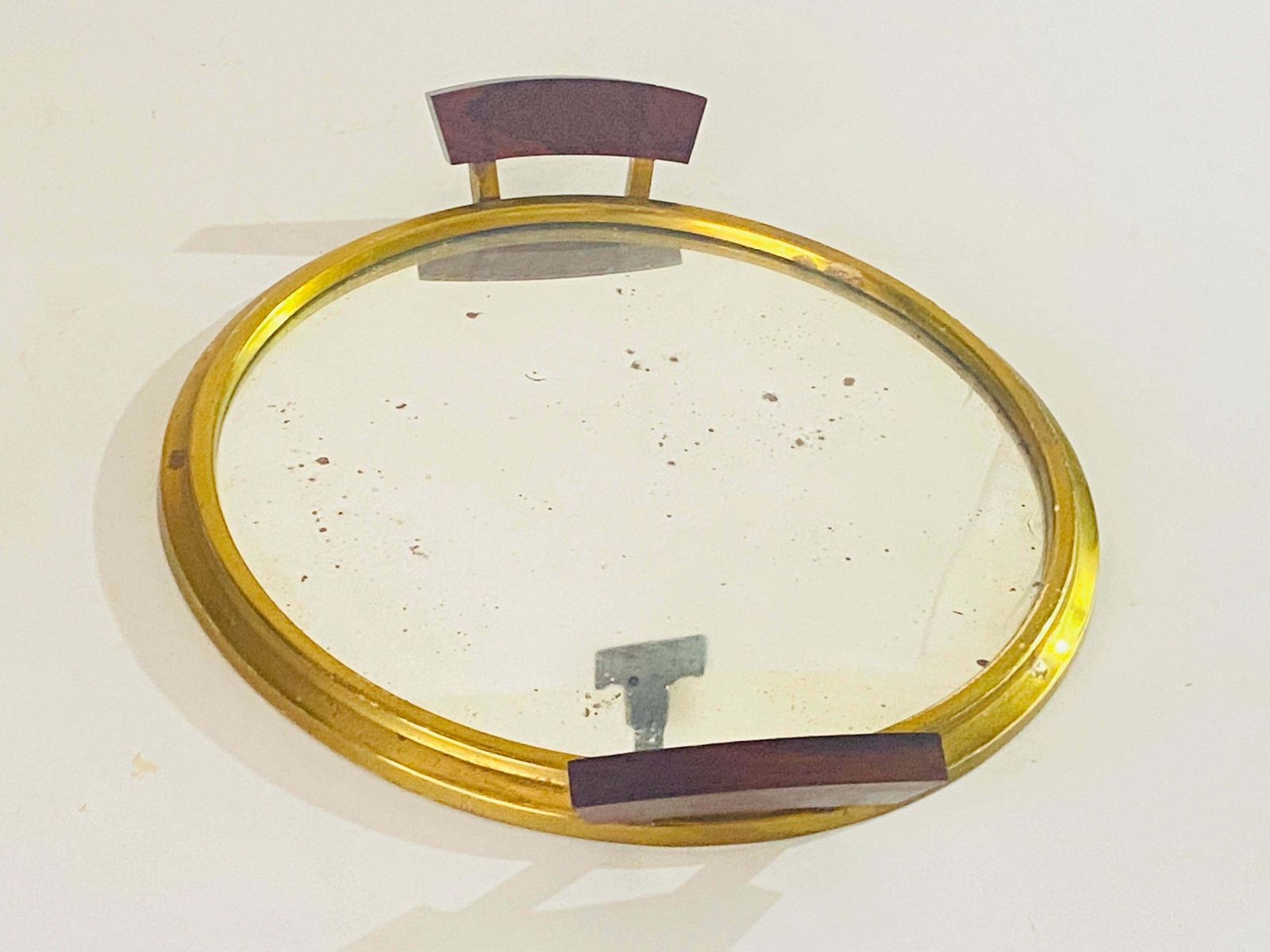 photo vintage Art Deco Platter Tray Brass And Brown Wood Handles And Mirror, France, 1930