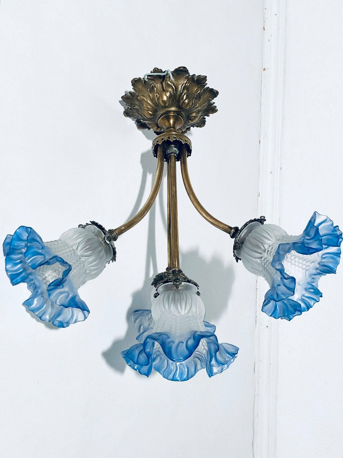 Antique Art Nouveau Ceiling Lamp Blue Flower Lamp Hanging Shade / 1900s France photo for sale