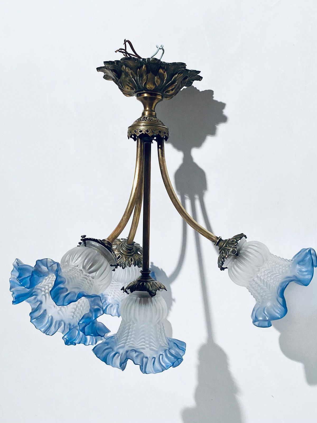 Antique Art Nouveau Ceiling Lamp Blue Flower Lamp Hanging Shade / 1900s France photo Lighting