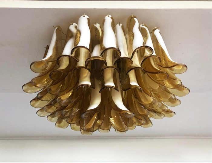 Pair Italian Ceiling Lamp, Glass Petal, Murano photo Lighting
