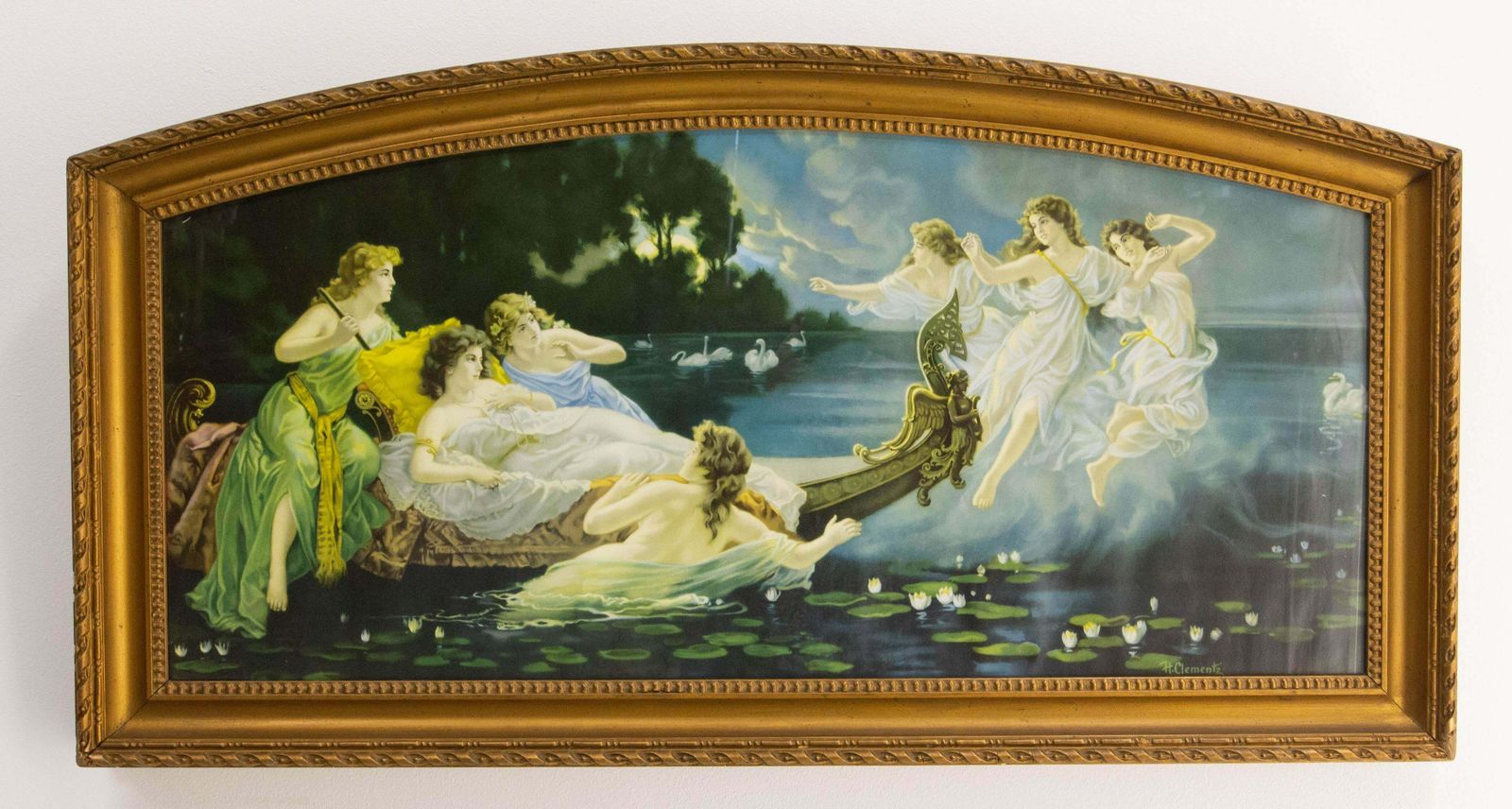 Chromo Lithograph Boat Of Nymphs By H Clementz In Its Frame, Late 19th Century photo furniture