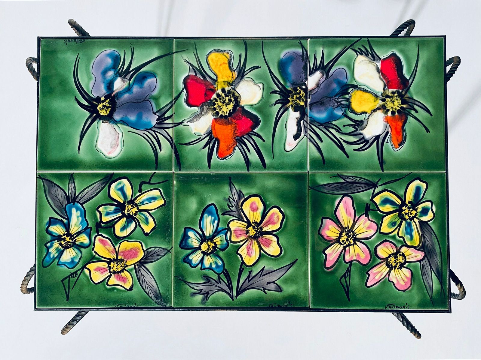 1970s Vallauris Table Ceramic Tiles Flower Motif / Vintage Space Age Design Furniture photo for sale