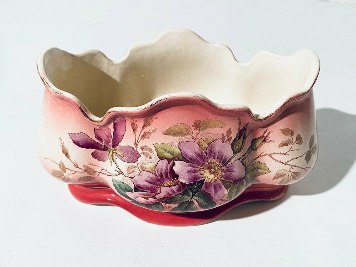 Large Art Nouveau Faiencerie Fives Lille De Bruyn Rectangular Floral Motif Ceramic Planter / 1900s French Majolica