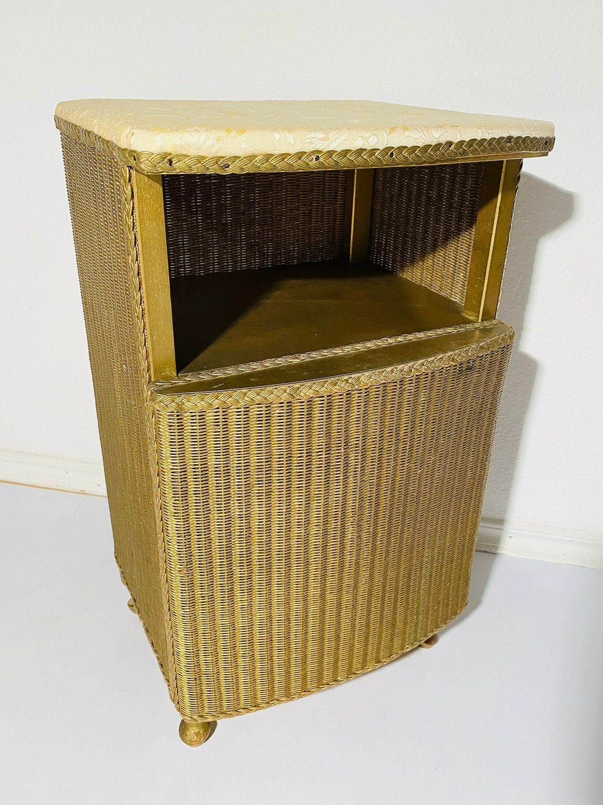 Gold Lloyd Loom Bedside Table Made In England / 1960s Vintage Decor photo for sale