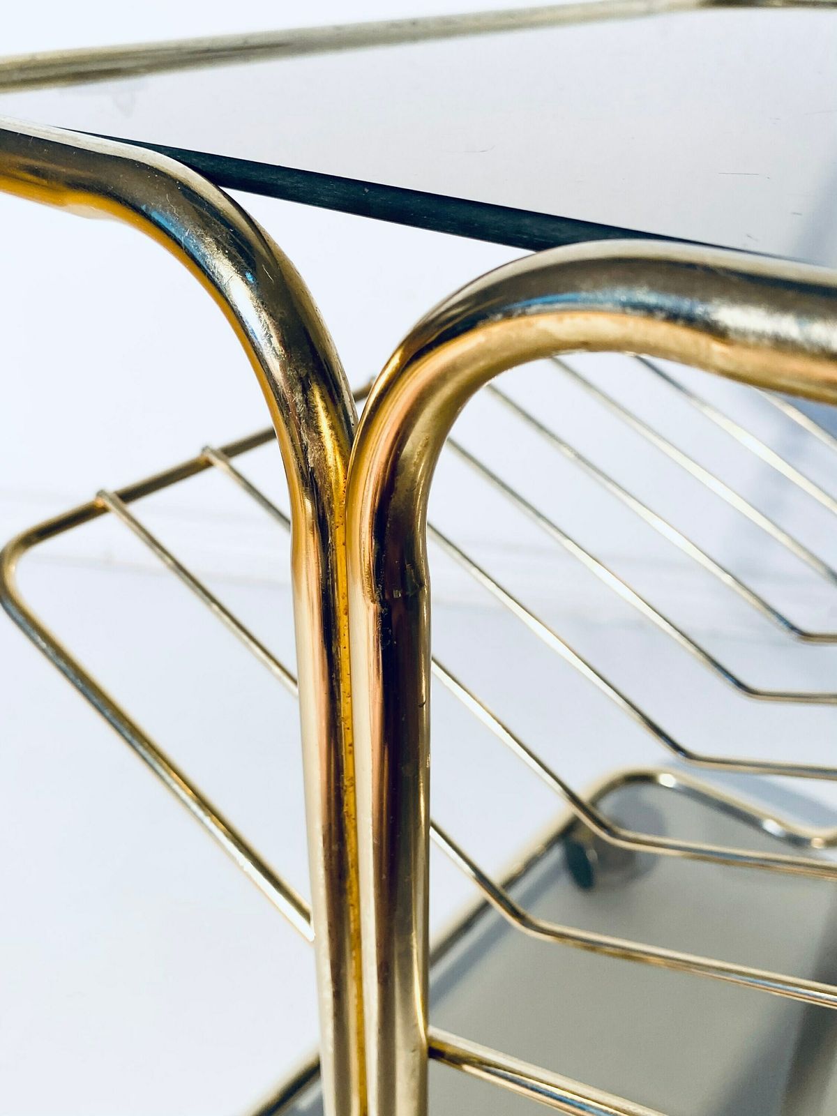 photo for sale 1970s Gold Smoked Glass Shelving Trolley / Vintage Space Age Home Decor