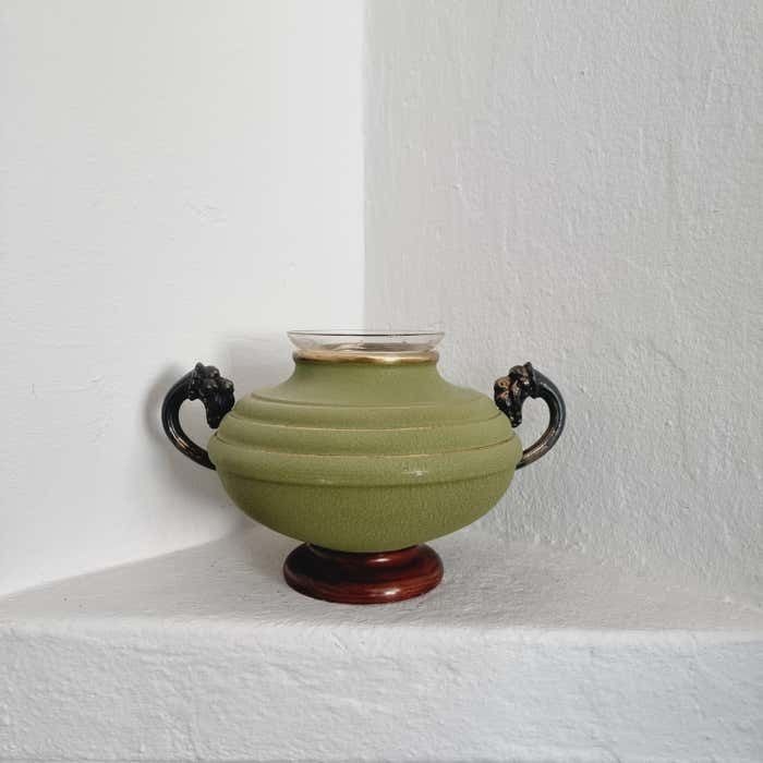 Vase In Metal, Wood And Engraved Glass. Swedish Grace, 1930s. photo for sale