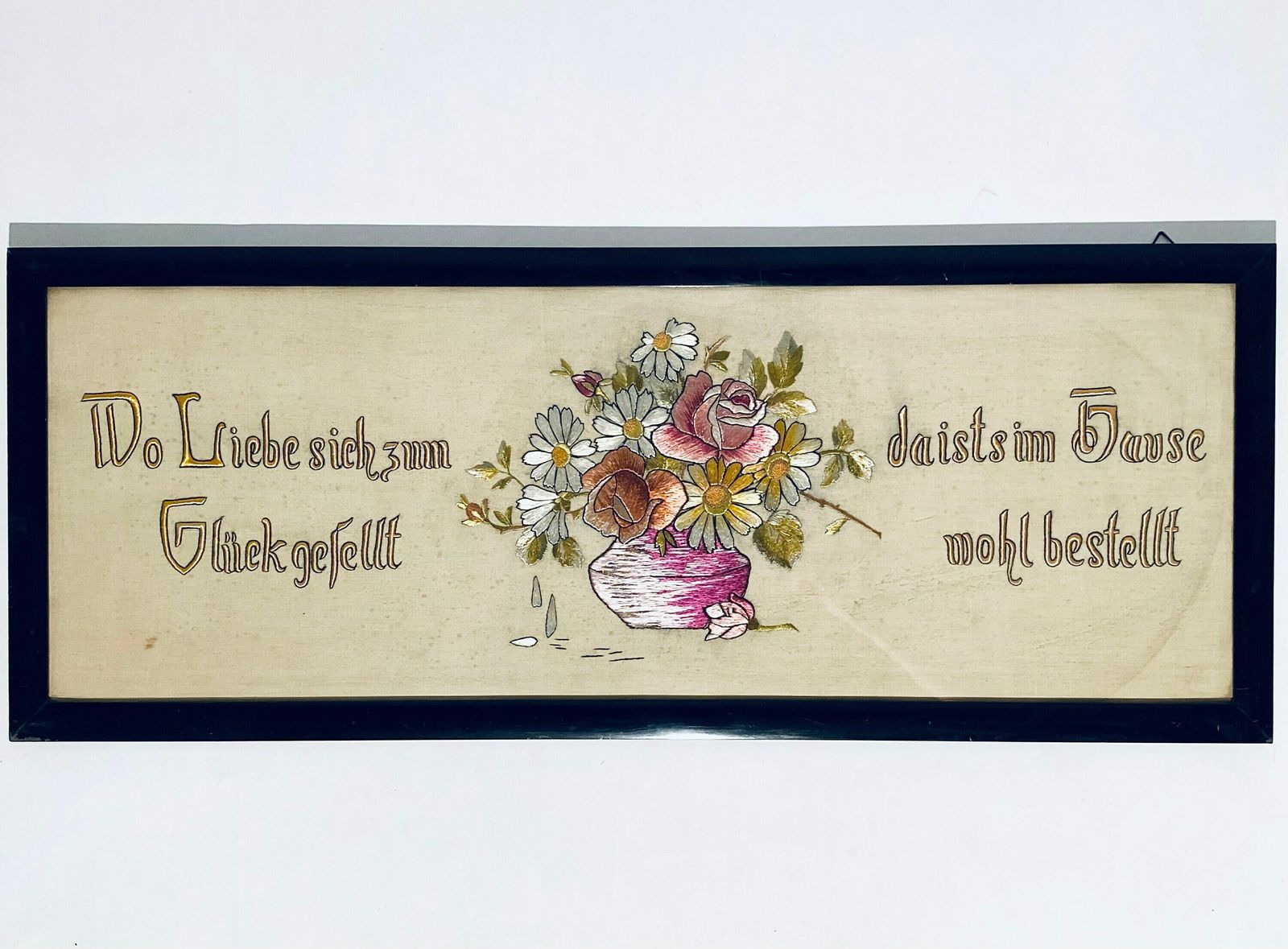 1900s German Stitched Wooden Frame With Romantic Phrase / Antique Wedding Gift