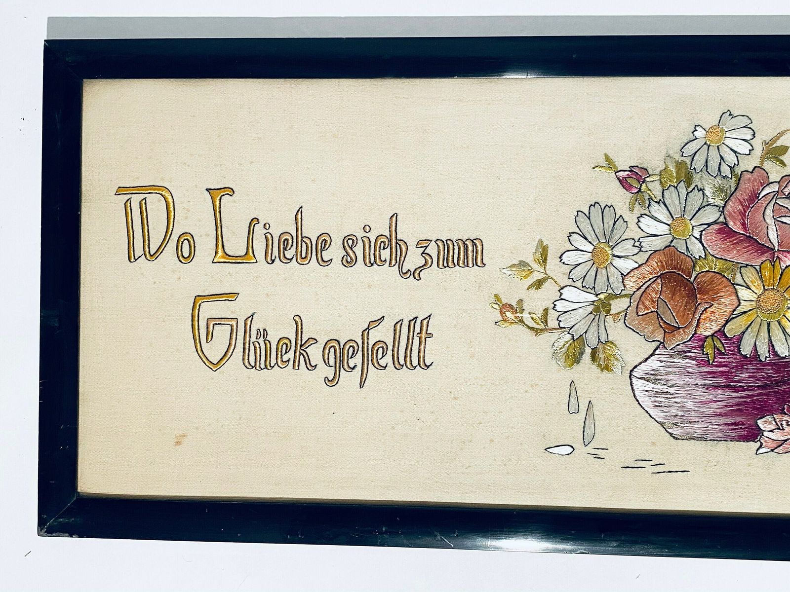 1900s German Stitched Wooden Frame With Romantic Phrase / Antique Wedding Gift photo furniture