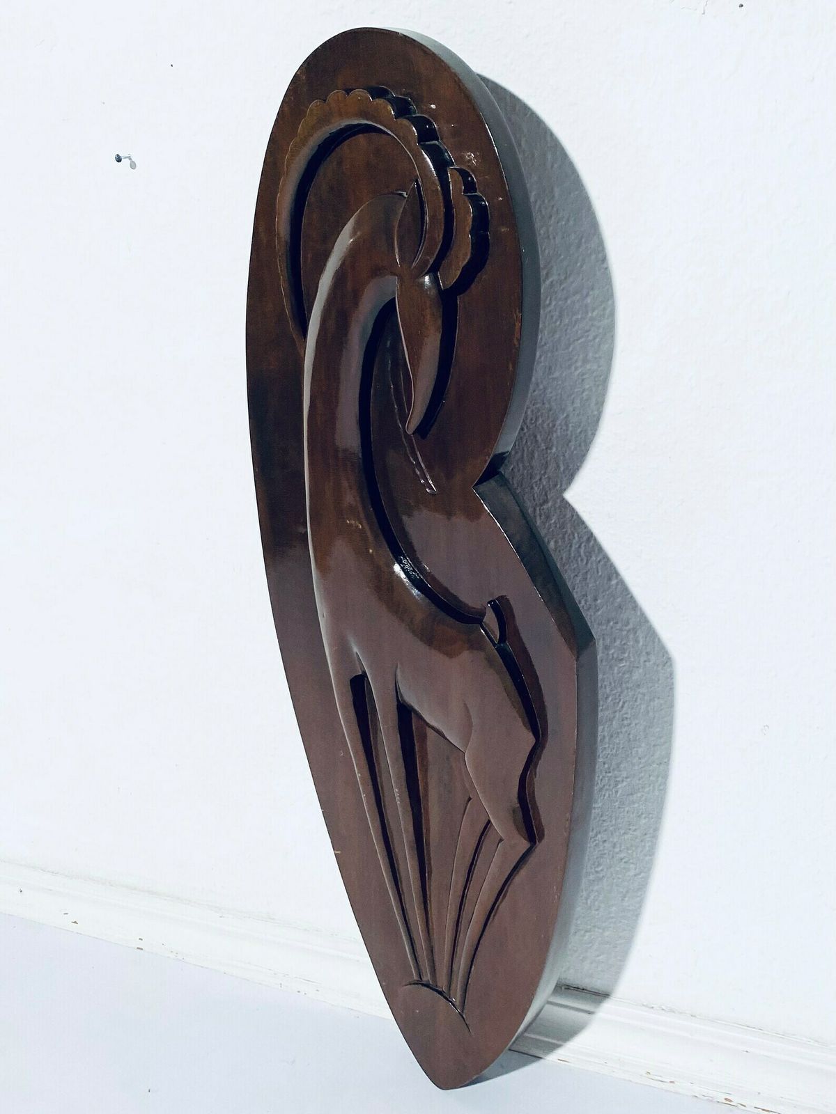 Large Mid Century Ibex Wooden Carving Picture Vintage 50s 60s Decor photo for sale