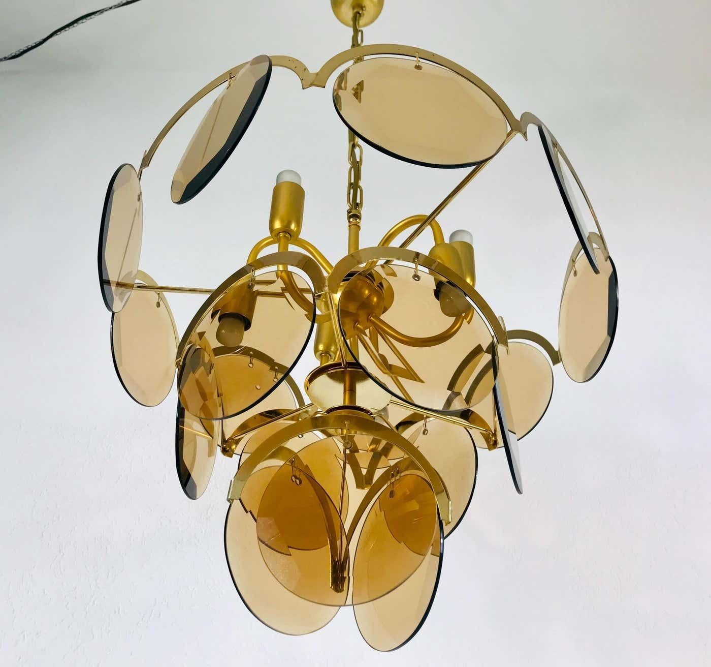 photo for sale Midcentury Three Tier Brass And Glass Chandelier By Vistosi, 1960s