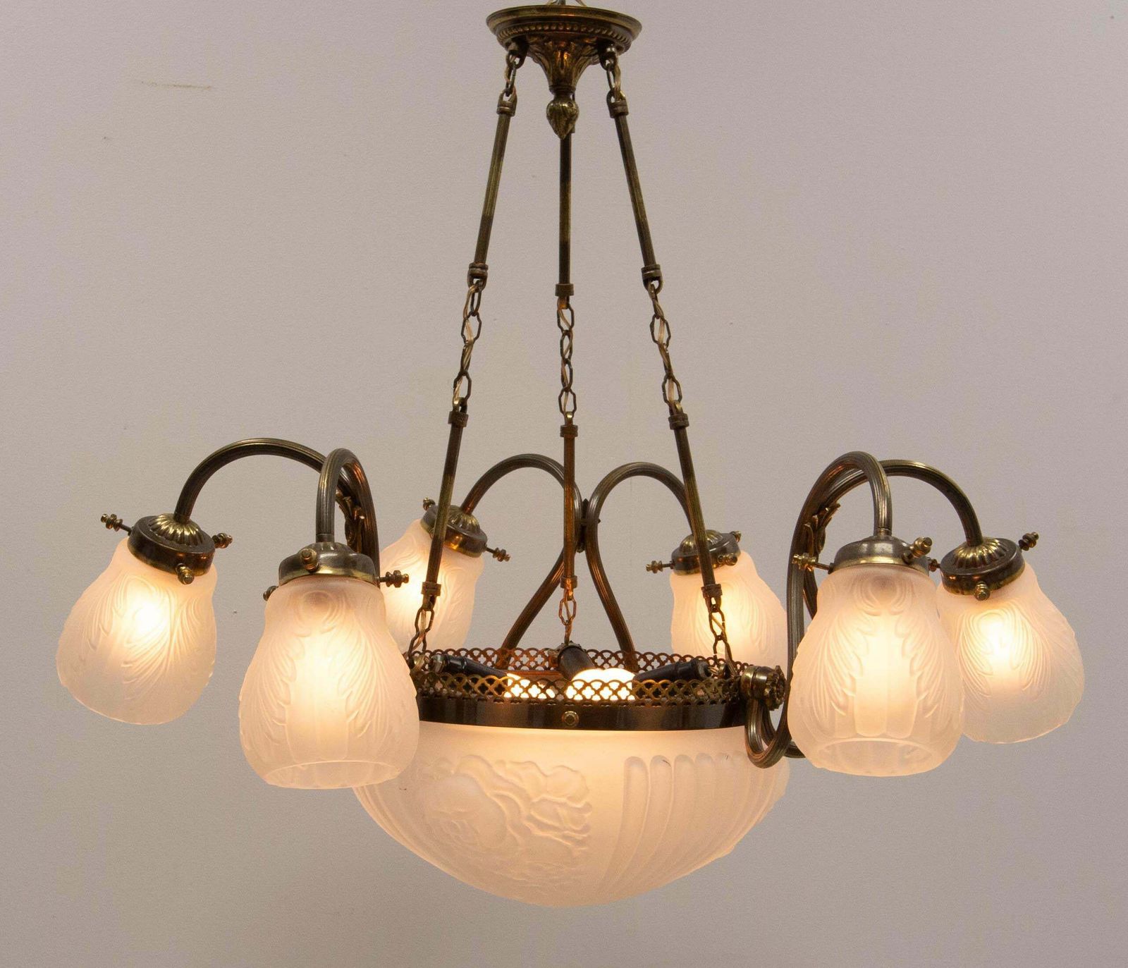 French Art Deco Chandelier Frozen Glass & Brass Ceiling Pendant, Circa 1930 photo furniture