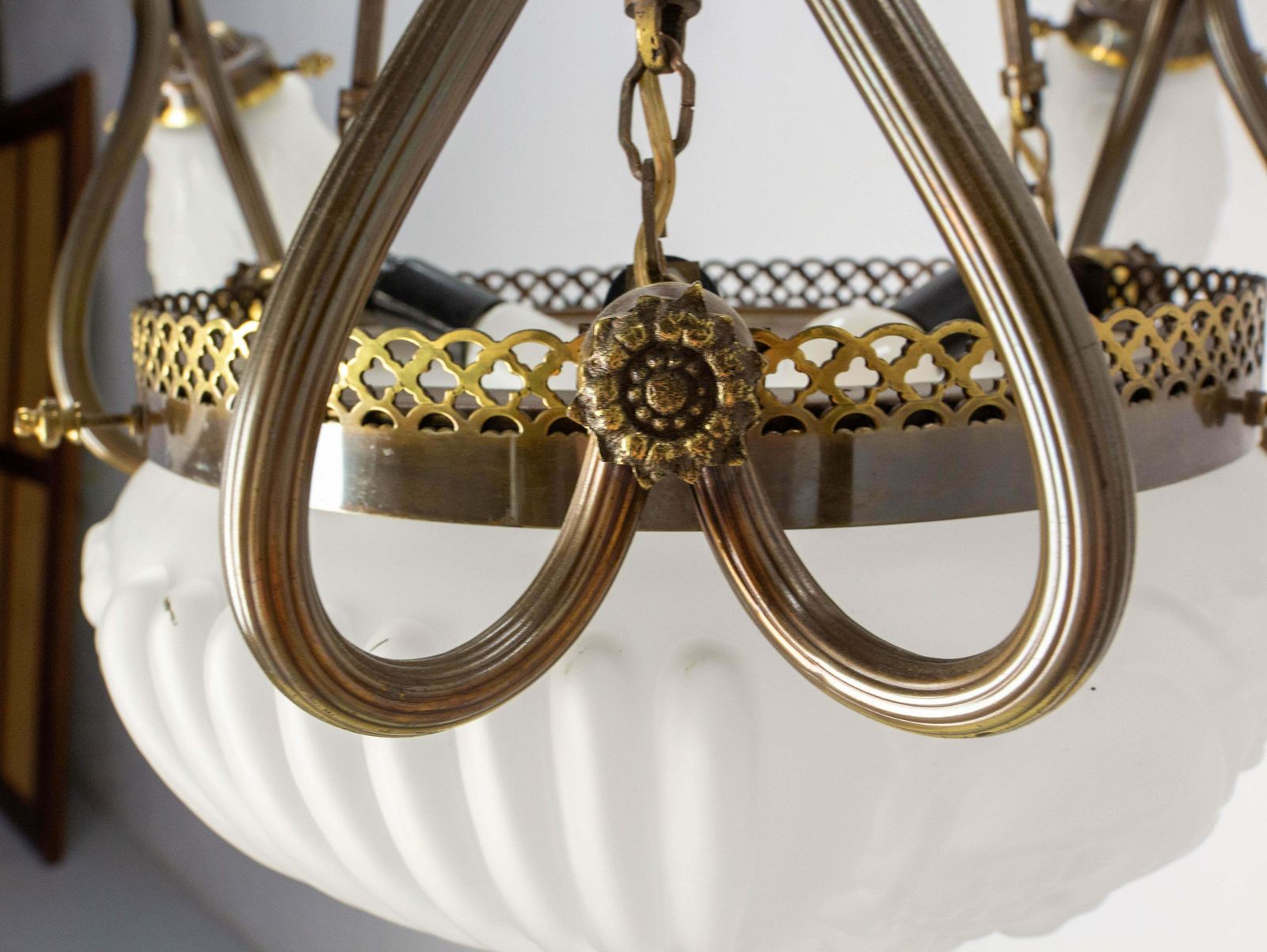 French Art Deco Chandelier Frozen Glass & Brass Ceiling Pendant, Circa 1930 photo vintage