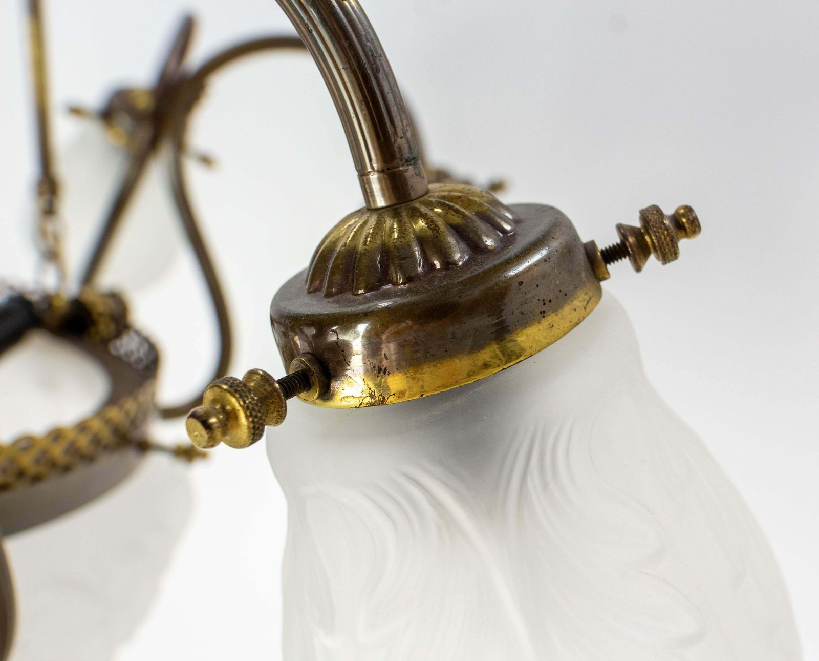 photo furniture French Art Deco Chandelier Frozen Glass & Brass Ceiling Pendant, Circa 1930