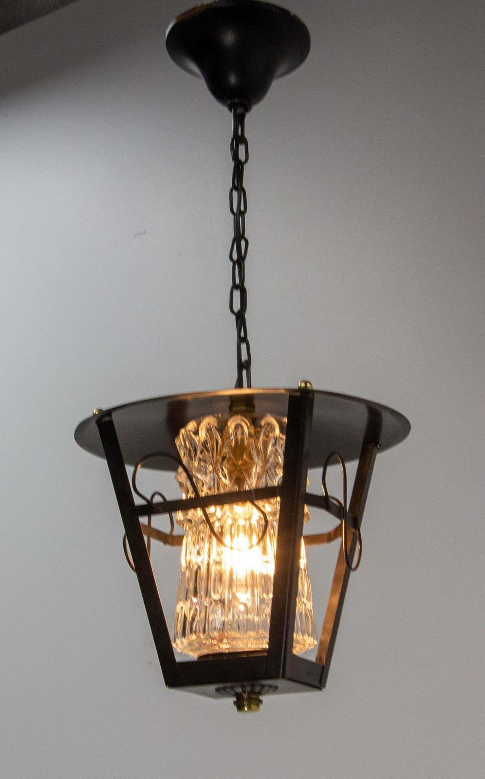 Iron And Glass Ceiling Lamp Lustre French Lantern, Circa 1960 photo Lighting