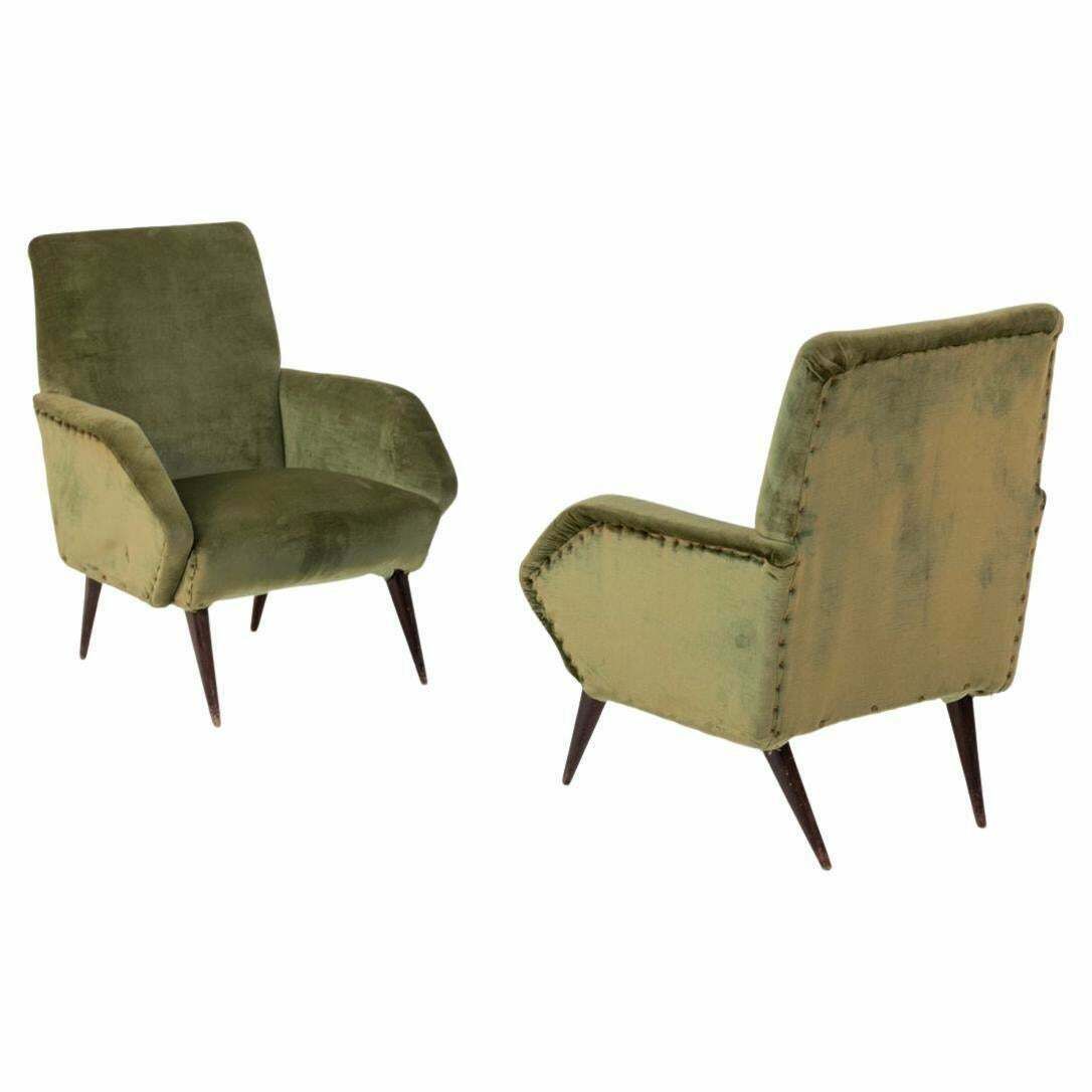 Italian Armchairs In Green Velvet And Wood