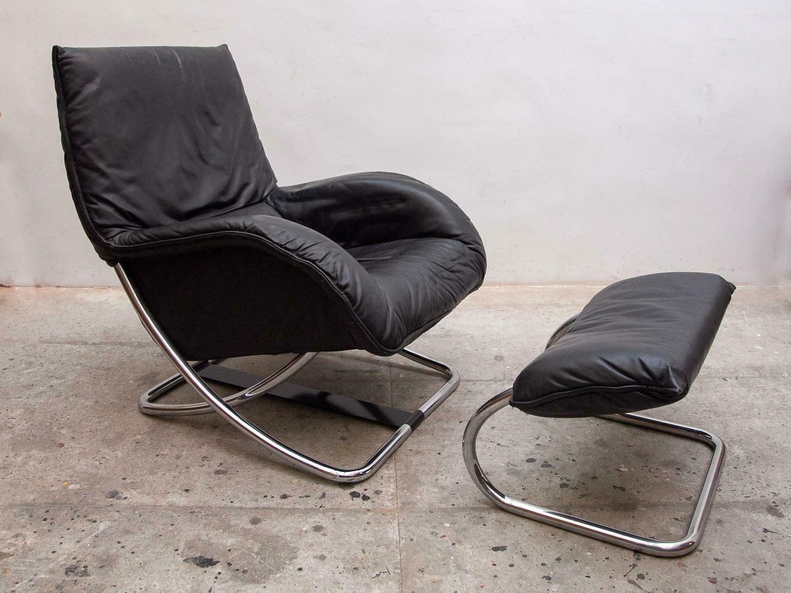 Robert Haussmann Style Chrome Rocking Lounge Chair With Footstool, 1980s photo vinterior