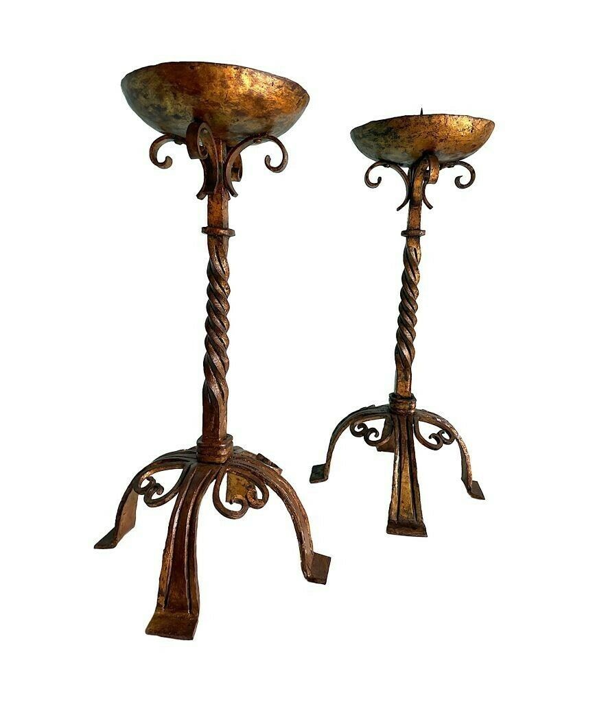 A Pair Of 1920s Spanish Ecclesiastical Gilt Wrought Iron Candle Sticks