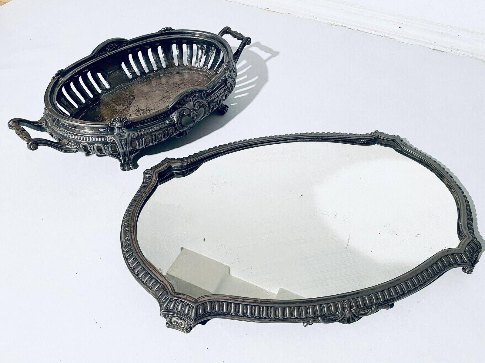 Antique Jardinière Art Nouveau Centerpiece & Matching Mirror Tray / 1900s France photo vinterior
